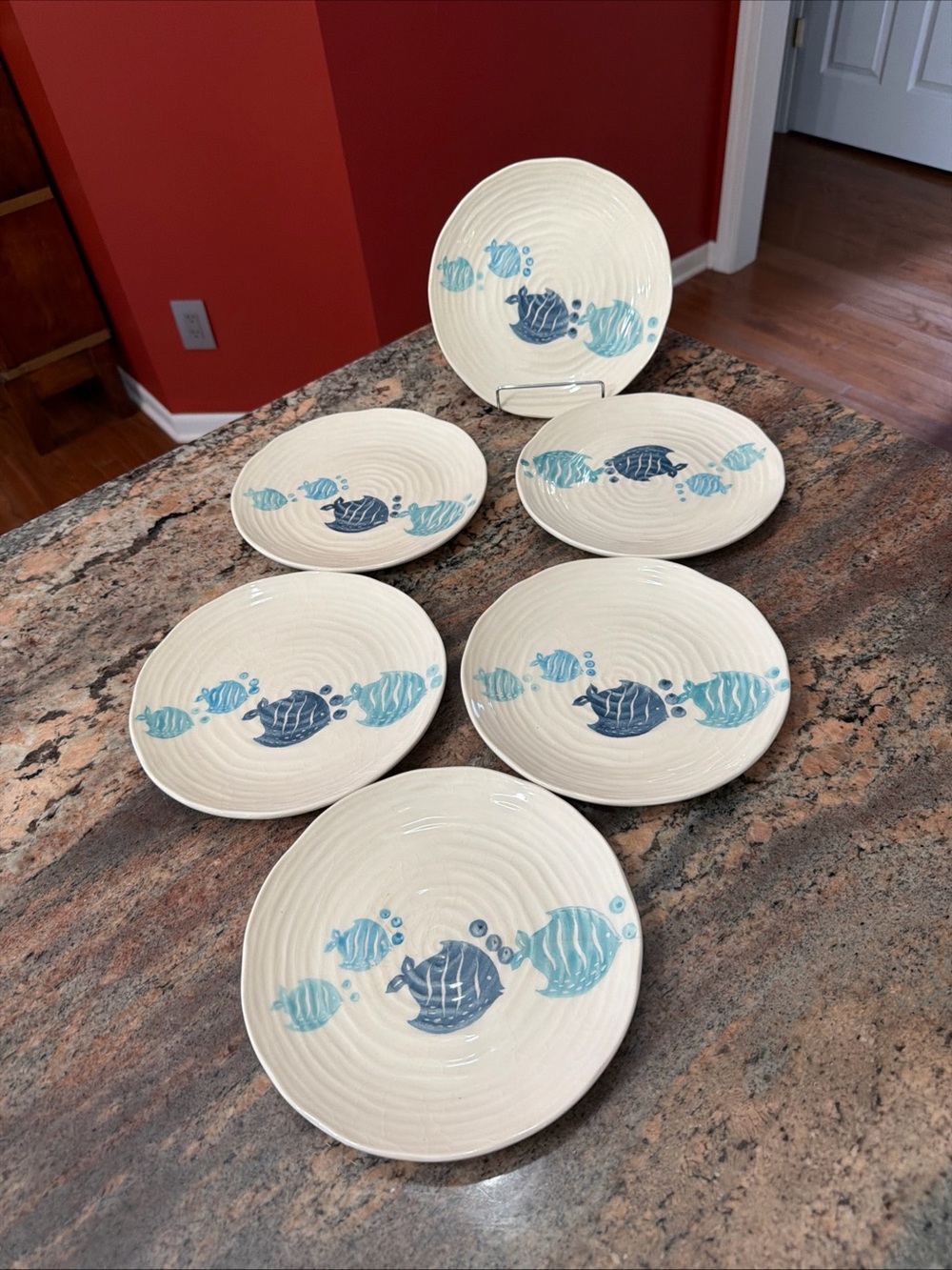 Lot Of 6 Pier 1 Imports Hand Painted Earthenware Little Fish Salad Plates 8.25"D